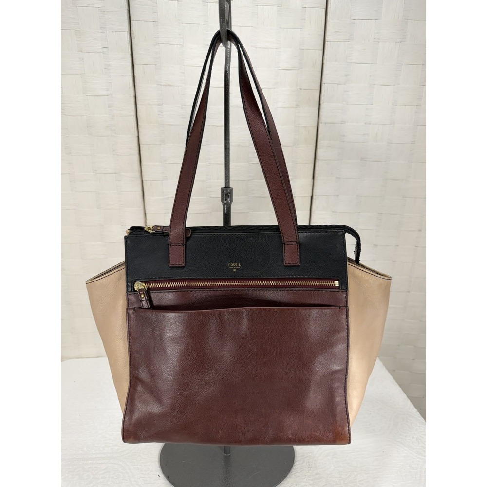 Fossil Tessa leather tote tri colorblock design front gold zipper pocket womens